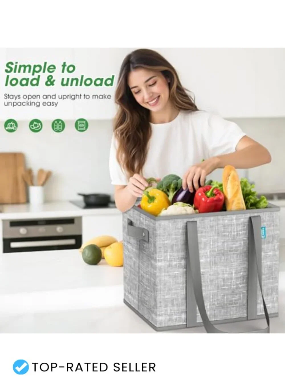 Reusable Grocery Bags, Large Foldable Shopping Tote with Reinforced Handles &
